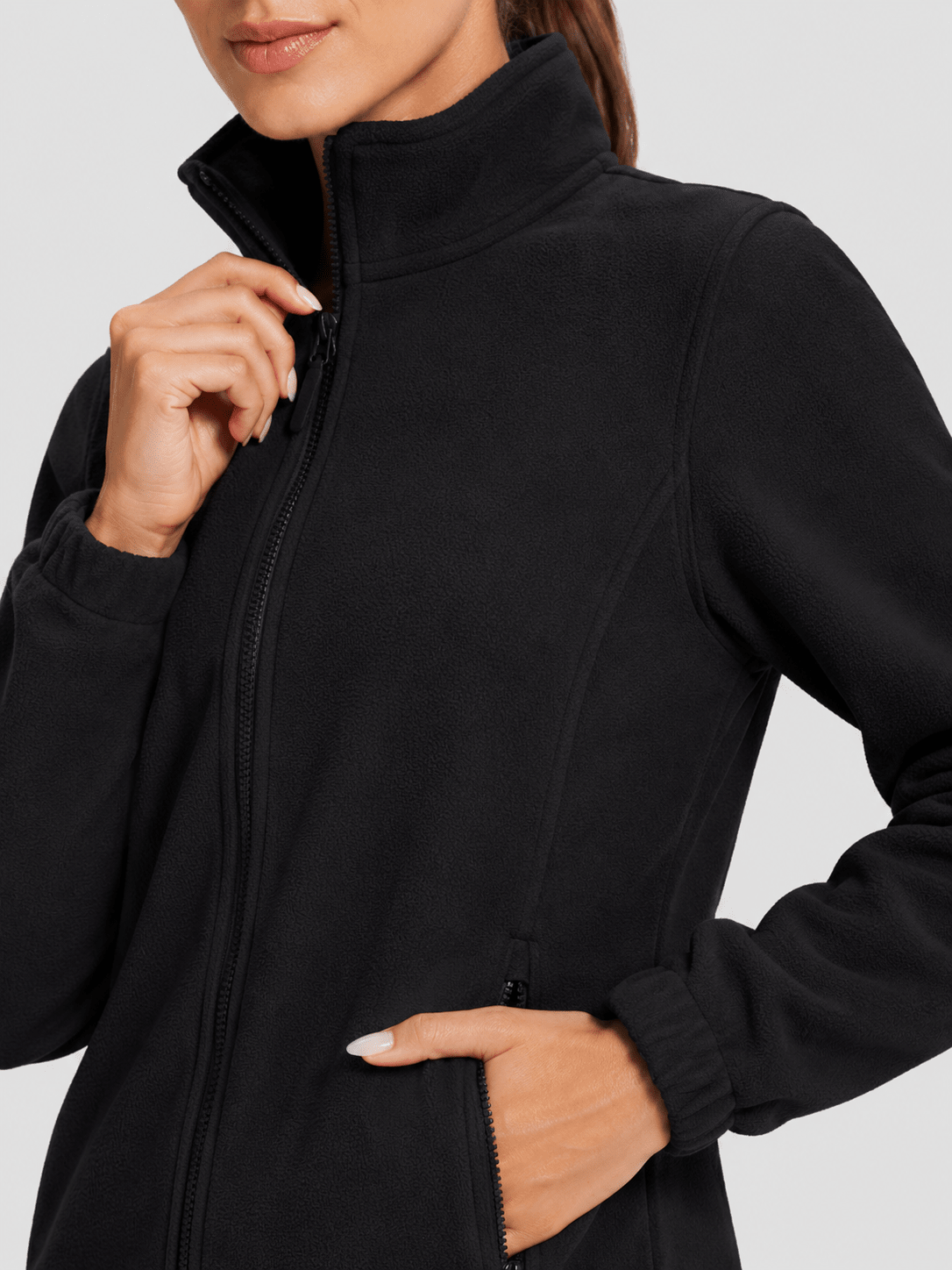 YUCOLEN Women's Lightweight Full Zip Fleece Jacket Windproof Stand Collar Outdoor Sweatshirt in Black