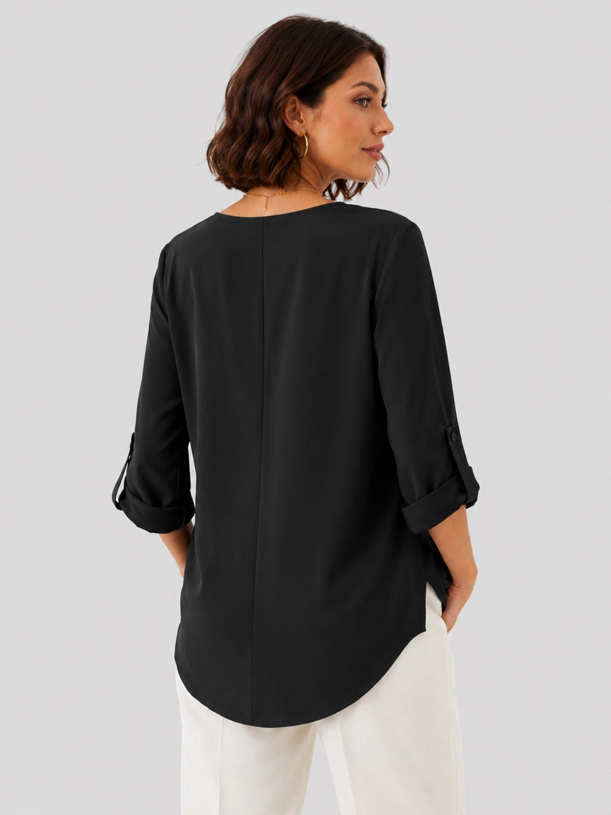 YUCOLEN Women's Lightweight V-Neck Flowy Blouse with 3/4 Flutter Sleeves in Black