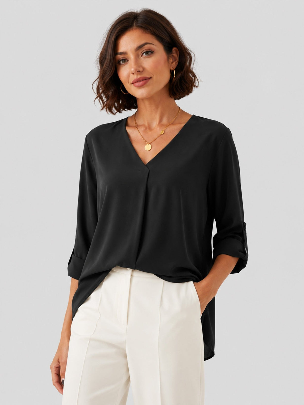 YUCOLEN Women's Lightweight V-Neck Flowy Blouse with 3/4 Flutter Sleeves in Black