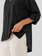 YUCOLEN Women's Lightweight V-Neck Flowy Blouse with 3/4 Flutter Sleeves in Black