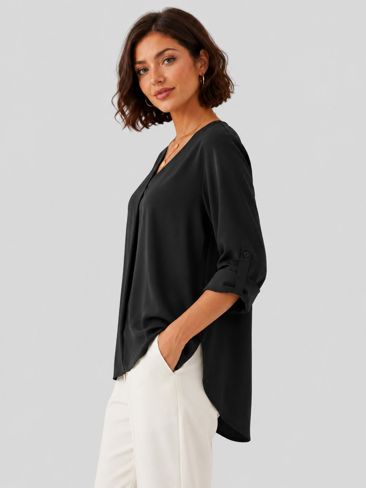 YUCOLEN Women's Lightweight V-Neck Flowy Blouse with 3/4 Flutter Sleeves in Black