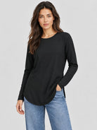 YUCOLEN Women's Long Sleeve Crewneck Tunic Top with Curved Hem in Black