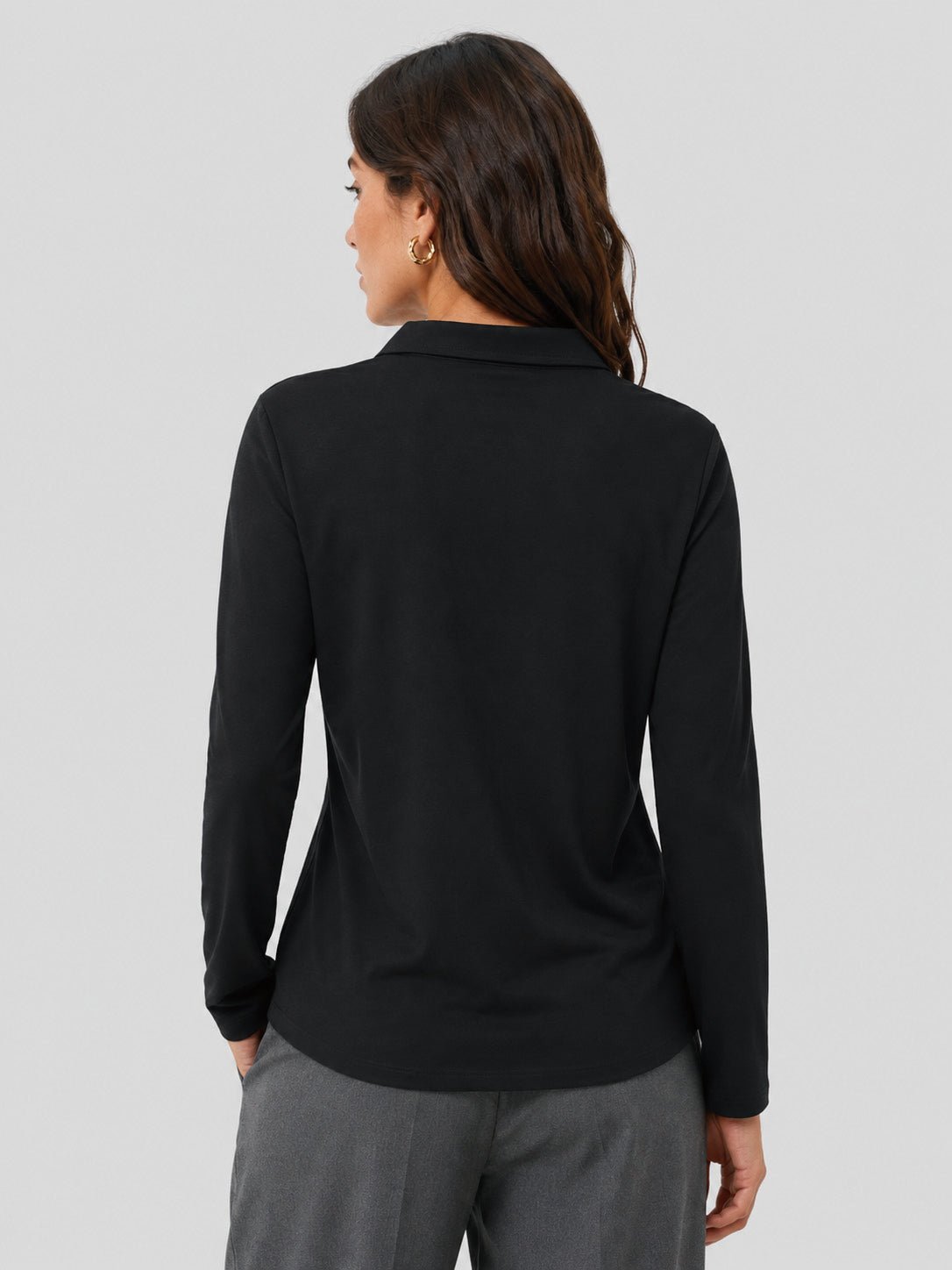 YUCOLEN Women's Long Sleeve Golf Shirt Breathable Cotton Blend 5-Button Top in Black