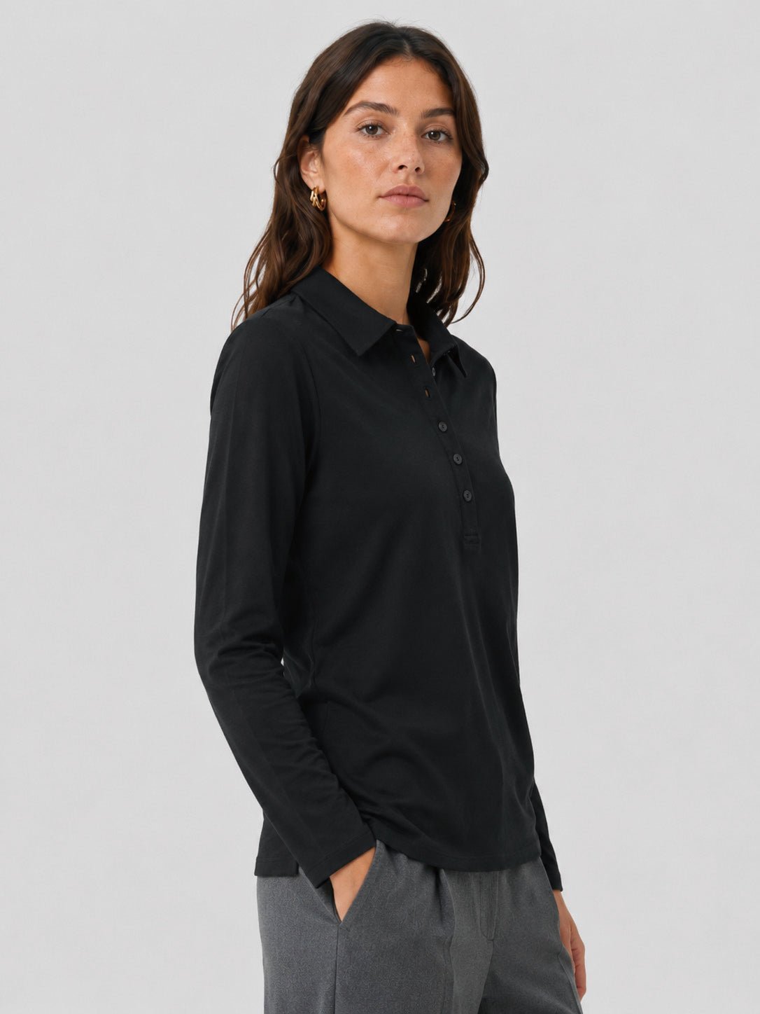 YUCOLEN Women's Long Sleeve Golf Shirt Breathable Cotton Blend 5-Button Top in Black
