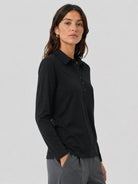 YUCOLEN Women's Long Sleeve Golf Shirt Breathable Cotton Blend 5-Button Top in Black