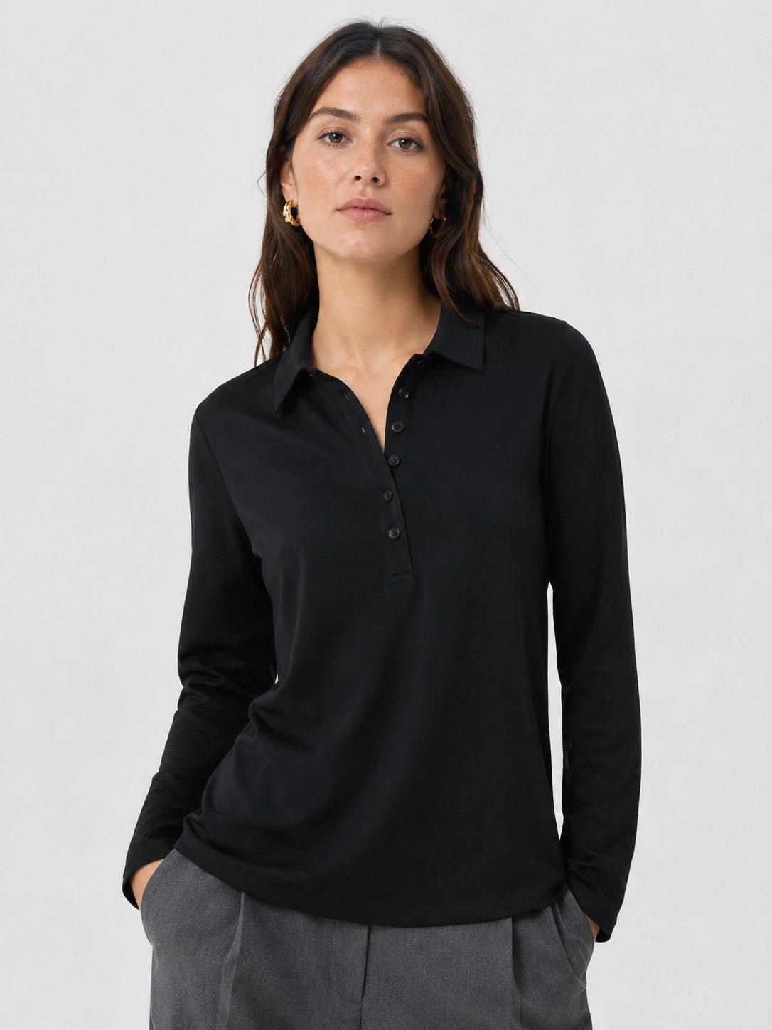 YUCOLEN Women's Long Sleeve Golf Shirt Breathable Cotton Blend 5-Button Top in Black