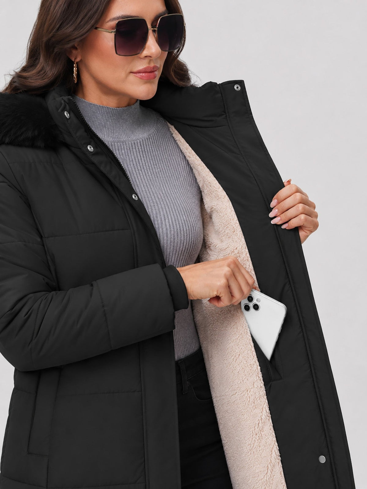 YUCOLEN Women's Long Winter Down Coat Fleece Lined Puffer Jackets in Black