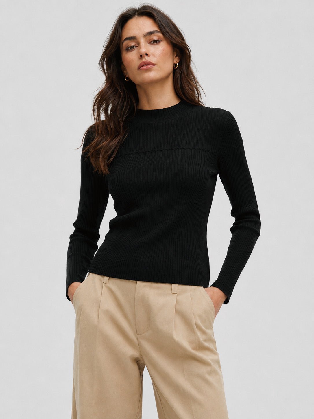 YUCOLEN Women's Mock Neck Ribbed Slim Fit Sweater Soft Wool Blend Pullover in Black