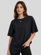 YUCOLEN Women's Oversized Cotton Blend T-Shirt Loose Fit Drop Shoulder Crewneck Tee in Black