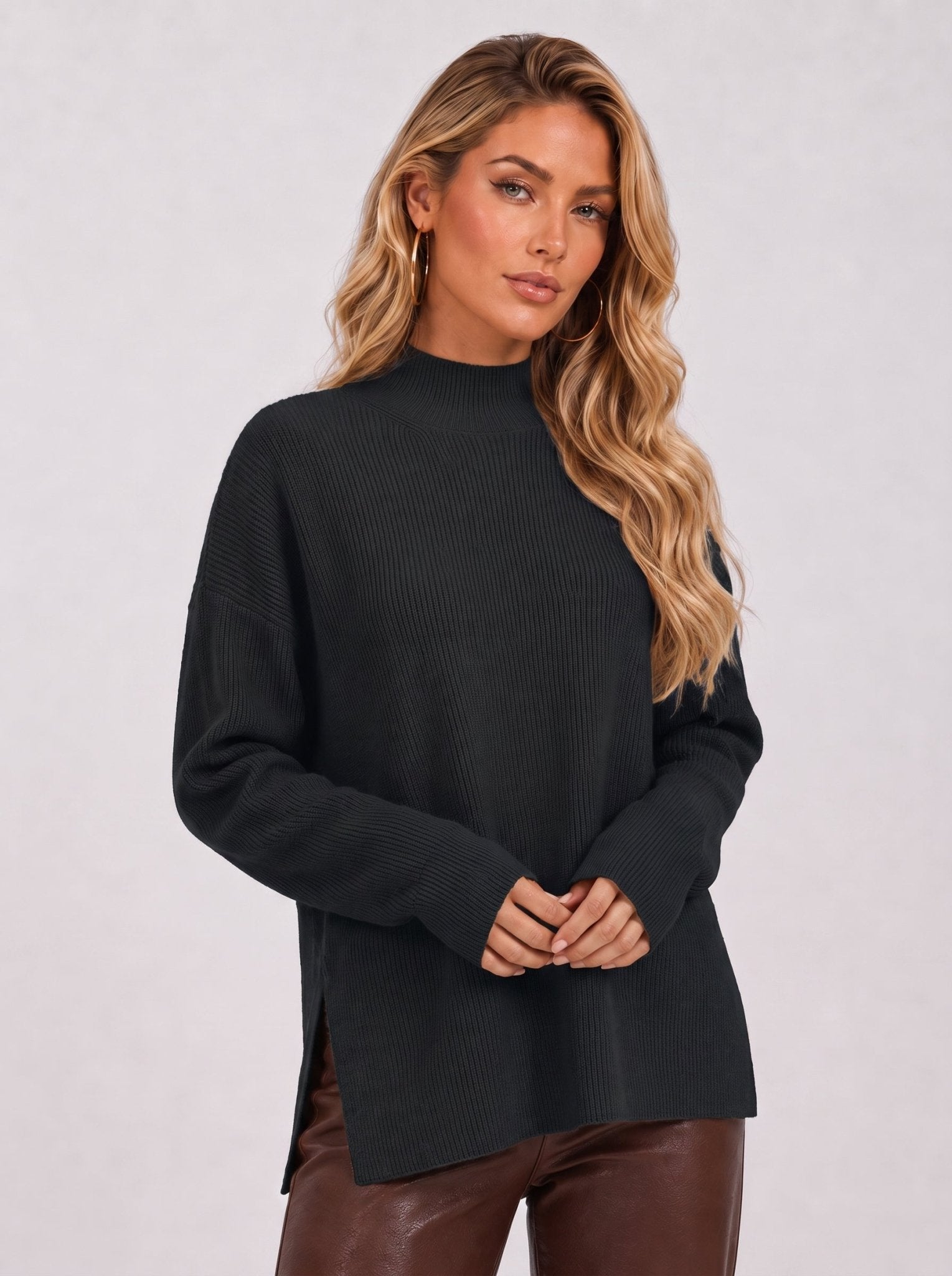 YUCOLEN Women's Oversized Ribbed Knit Turtleneck Pullover with Side Slit in Black