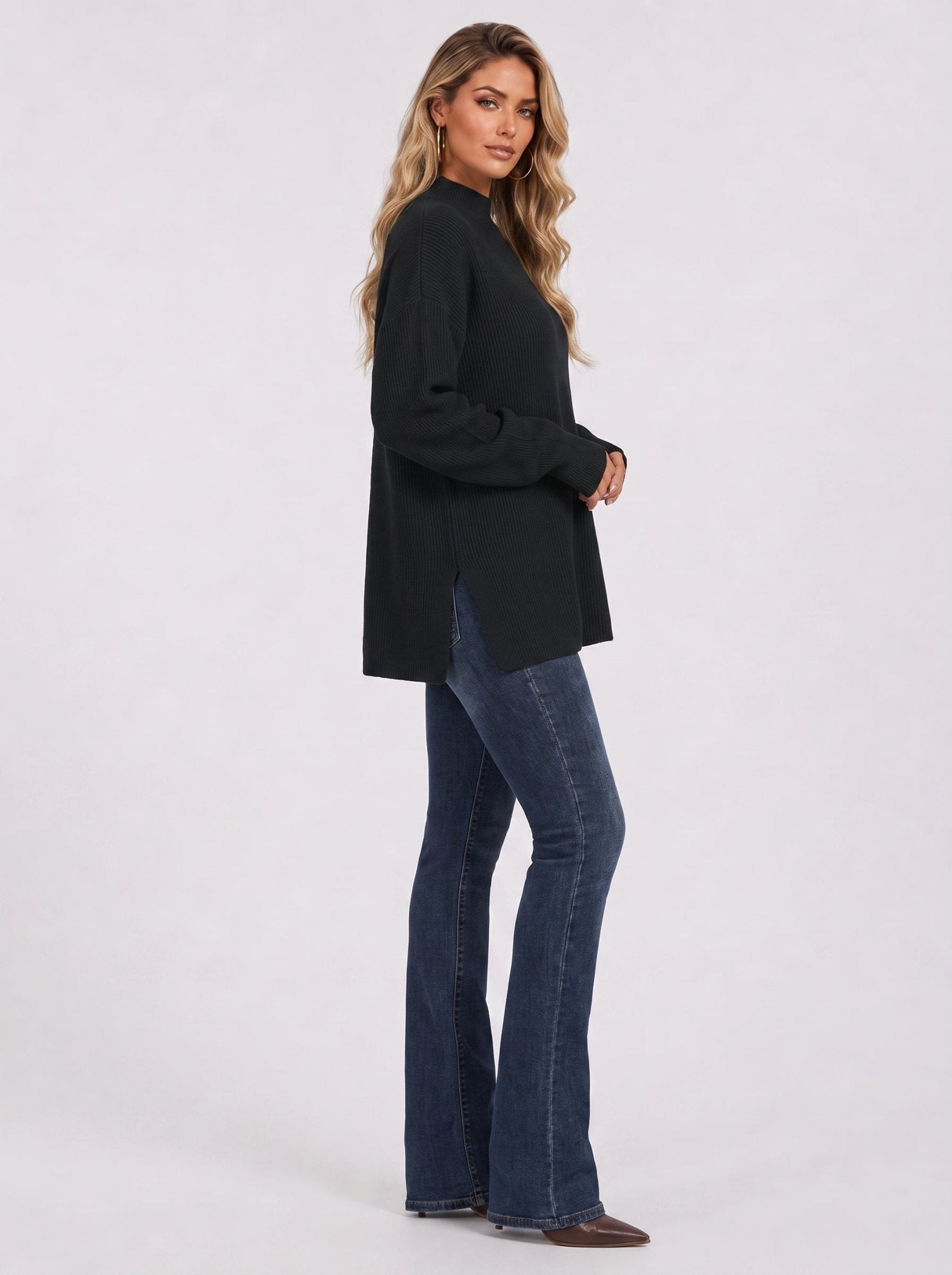 YUCOLEN Women's Oversized Ribbed Knit Turtleneck Pullover with Side Slit in Black