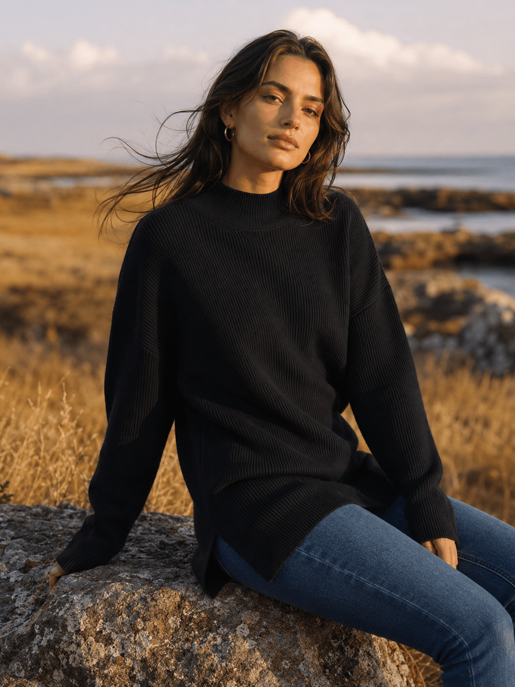YUCOLEN Women's Oversized Ribbed Knit Turtleneck Pullover with Side Slit in Black
