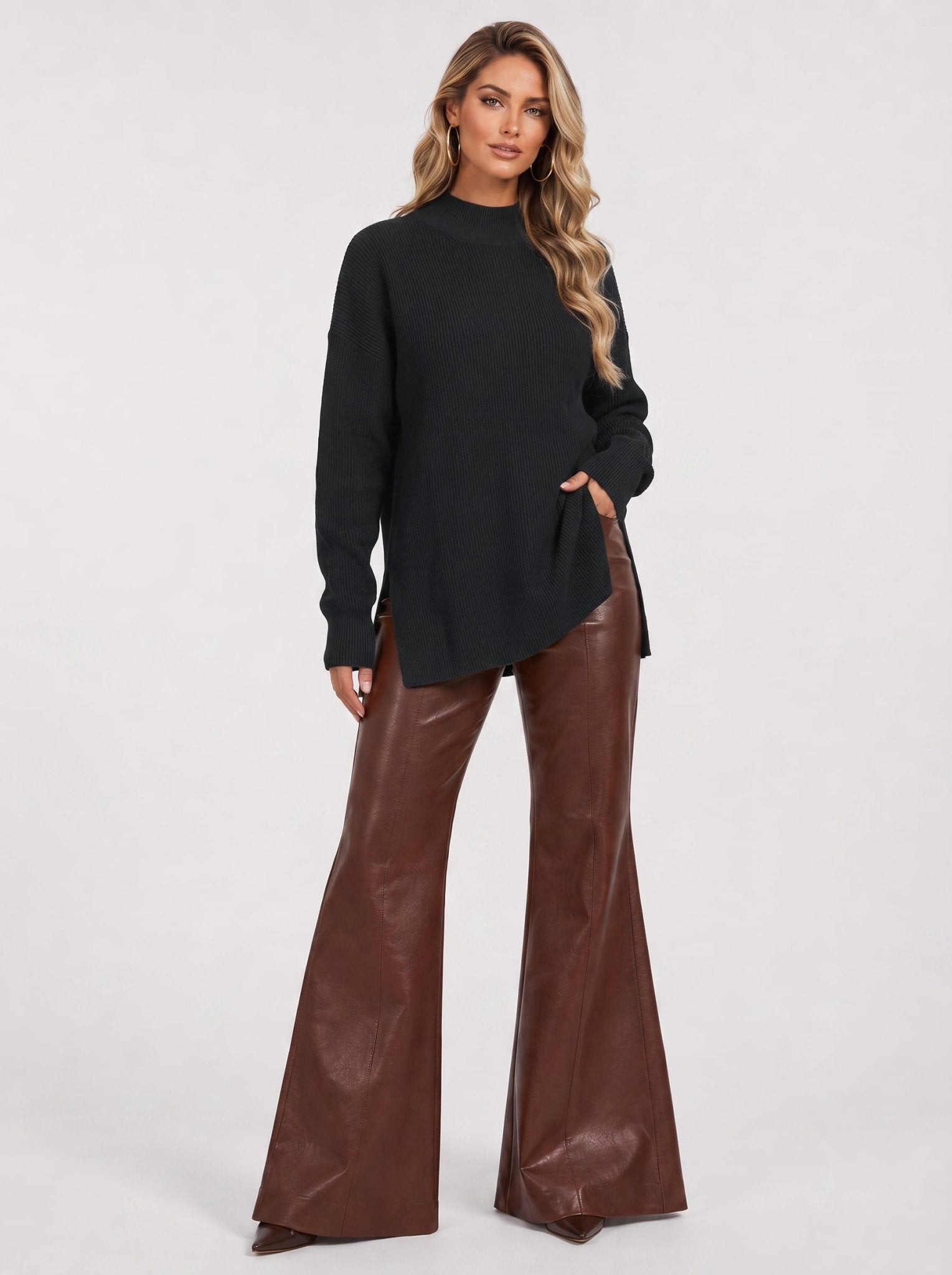 YUCOLEN Women's Oversized Ribbed Knit Turtleneck Pullover with Side Slit in Black