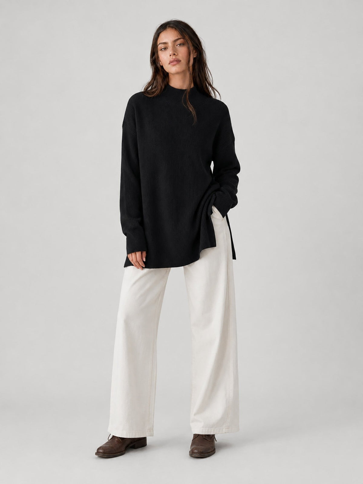 YUCOLEN Women's Oversized Ribbed Knit Turtleneck Pullover with Side Slit in Black