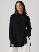 YUCOLEN Women's Oversized Ribbed Knit Turtleneck Pullover with Side Slit in Black