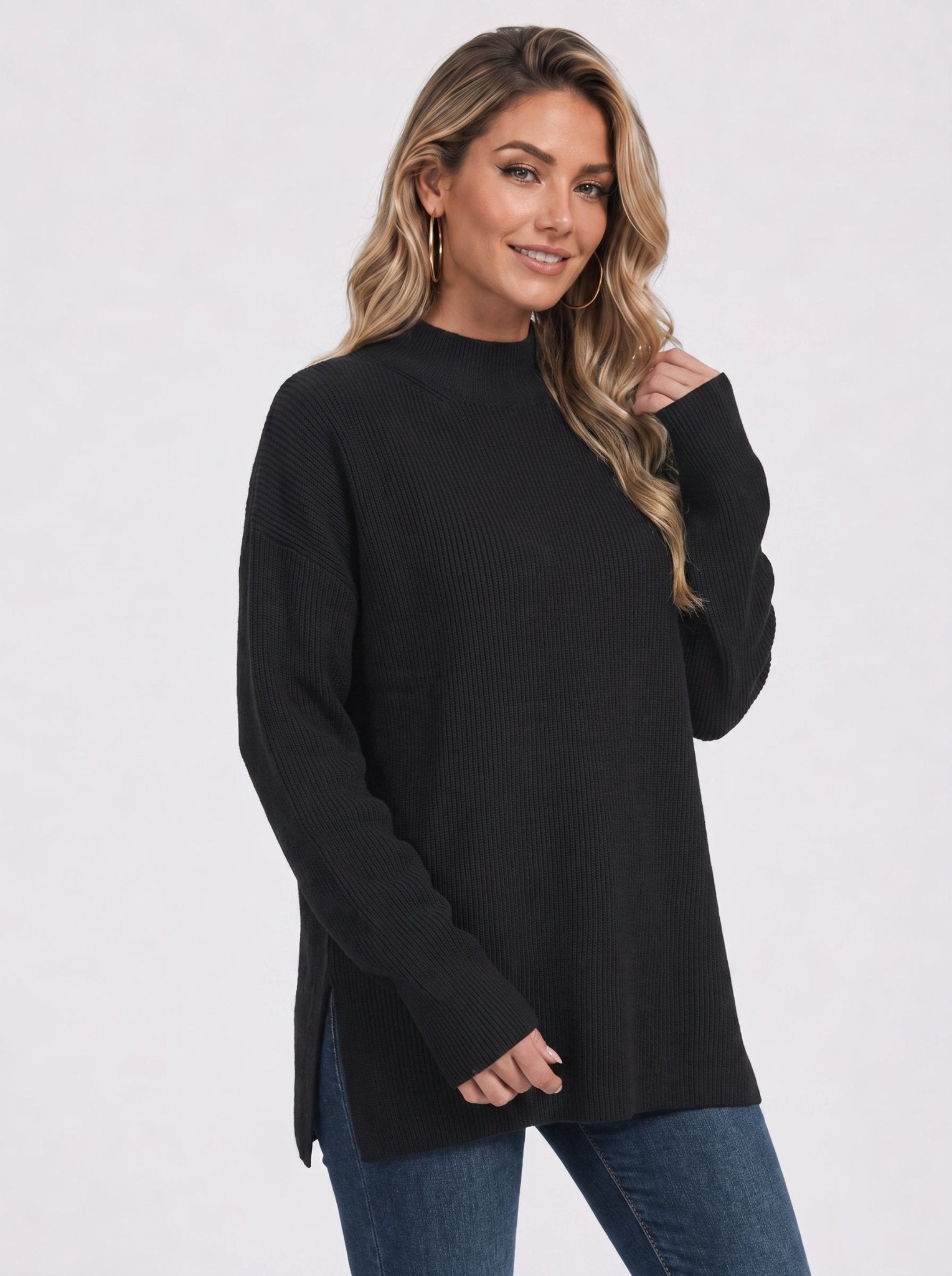YUCOLEN Women's Oversized Ribbed Knit Turtleneck Pullover with Side Slit in Black