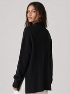 YUCOLEN Women's Oversized Ribbed Knit Turtleneck Pullover with Side Slit in Black