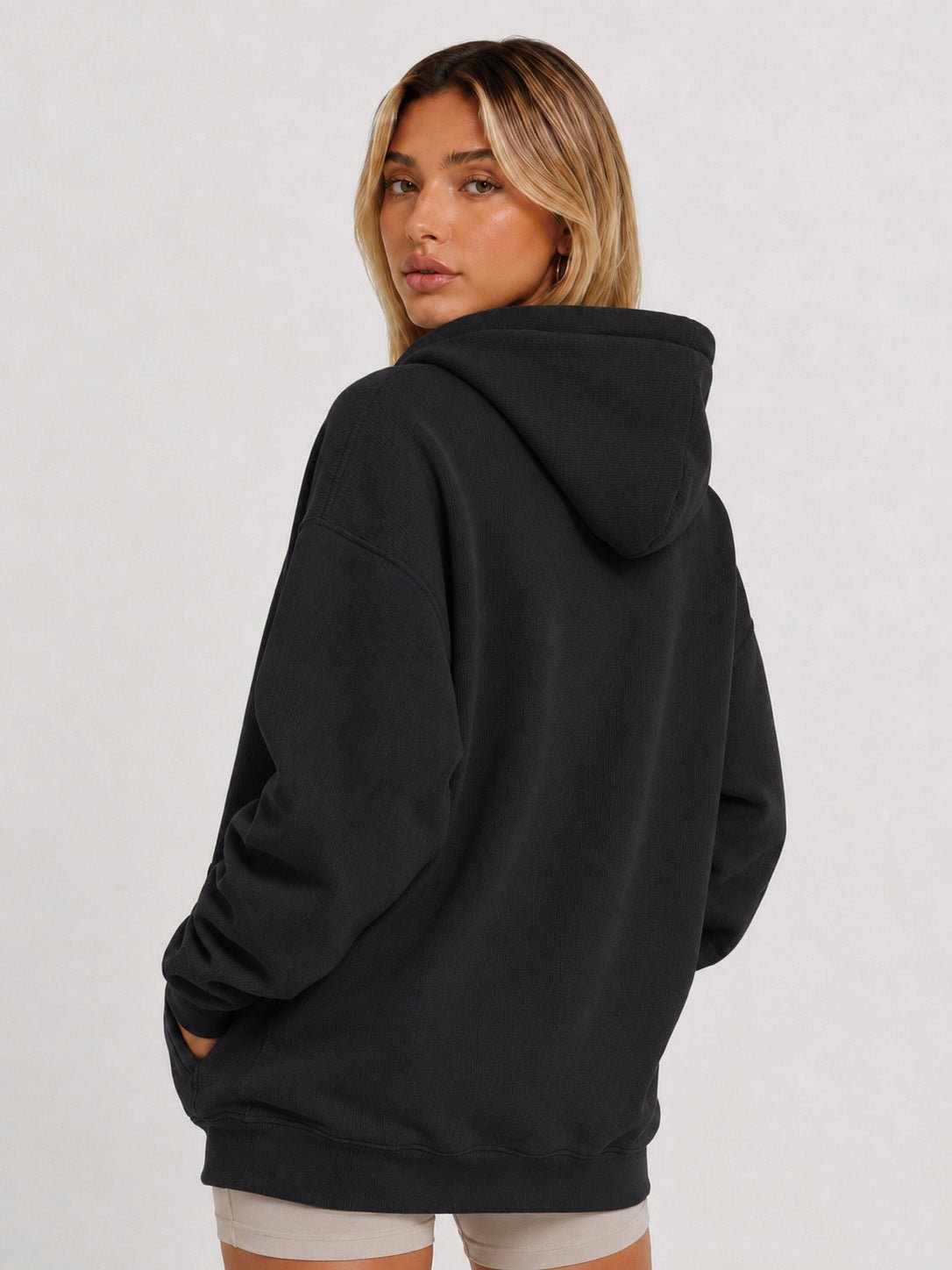 YUCOLEN Women's Oversized Textured Fleece Hoodie Loose Pullover Sweatshirt with Kangaroo Pocket in Black