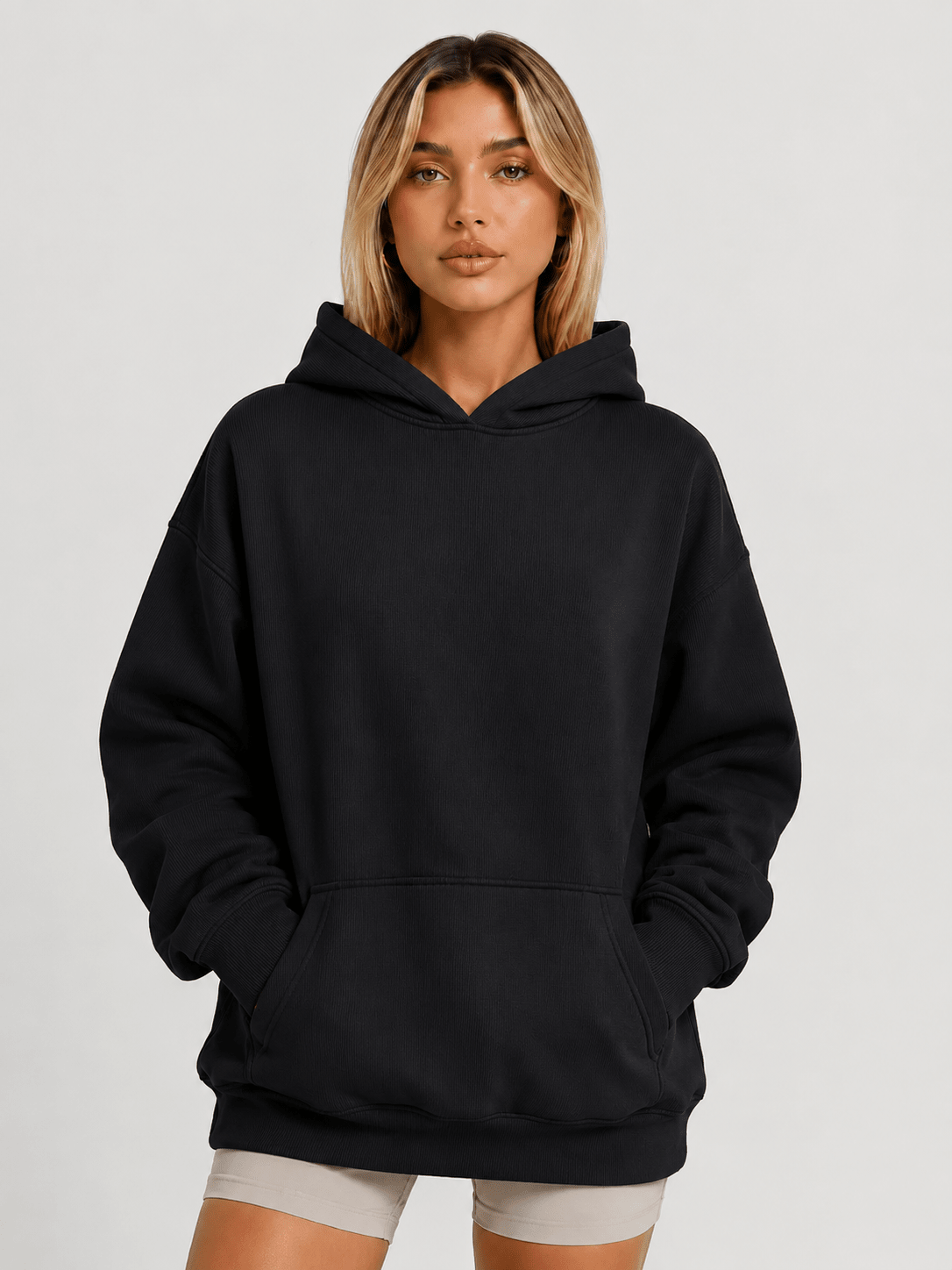 YUCOLEN Women's Oversized Textured Fleece Hoodie Loose Pullover Sweatshirt with Kangaroo Pocket in Black