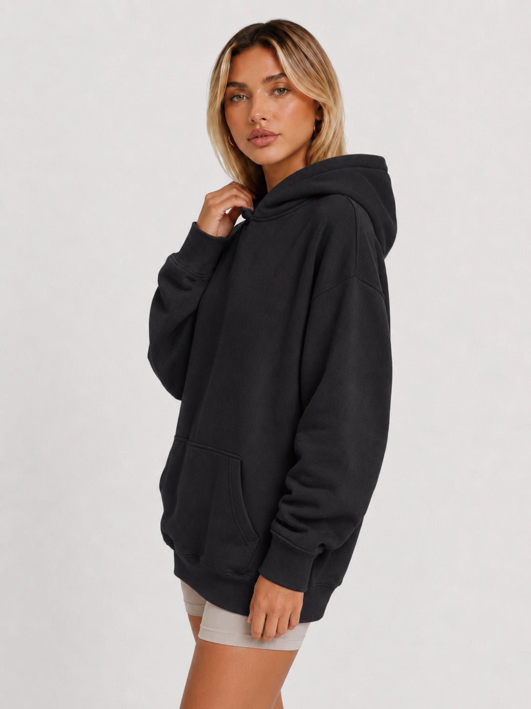 YUCOLEN Women's Oversized Textured Fleece Hoodie Loose Pullover Sweatshirt with Kangaroo Pocket in Black