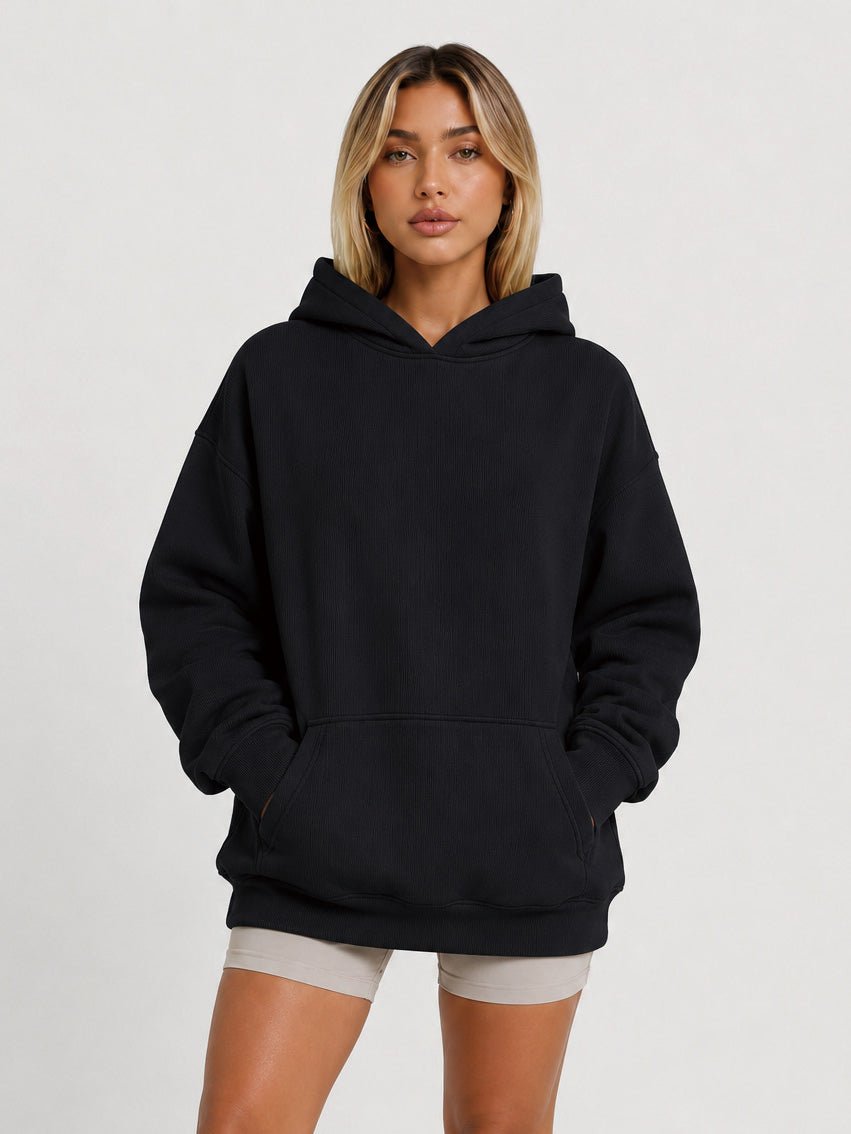 YUCOLEN Women's Oversized Textured Fleece Hoodie Loose Pullover Sweatshirt with Kangaroo Pocket in Black