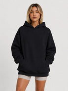 YUCOLEN Women's Oversized Textured Fleece Hoodie Loose Pullover Sweatshirt with Kangaroo Pocket in Black