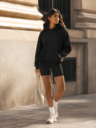 YUCOLEN Women's Oversized Textured Fleece Hoodie Loose Pullover Sweatshirt with Kangaroo Pocket in Black