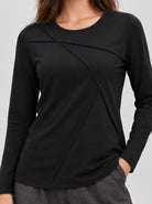YUCOLEN Womens Pleated Crew Neck Long Sleeve Casual Stretch Top in Black
