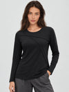 YUCOLEN Womens Pleated Crew Neck Long Sleeve Casual Stretch Top in Black