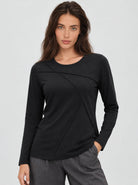 YUCOLEN Womens Pleated Crew Neck Long Sleeve Casual Stretch Top in Black