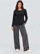 YUCOLEN Womens Pleated Crew Neck Long Sleeve Casual Stretch Top in Black