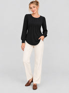 YUCOLEN Womens Pleated Puff Sleeve Crew Neck Long Sleeve Tunic Top in Black
