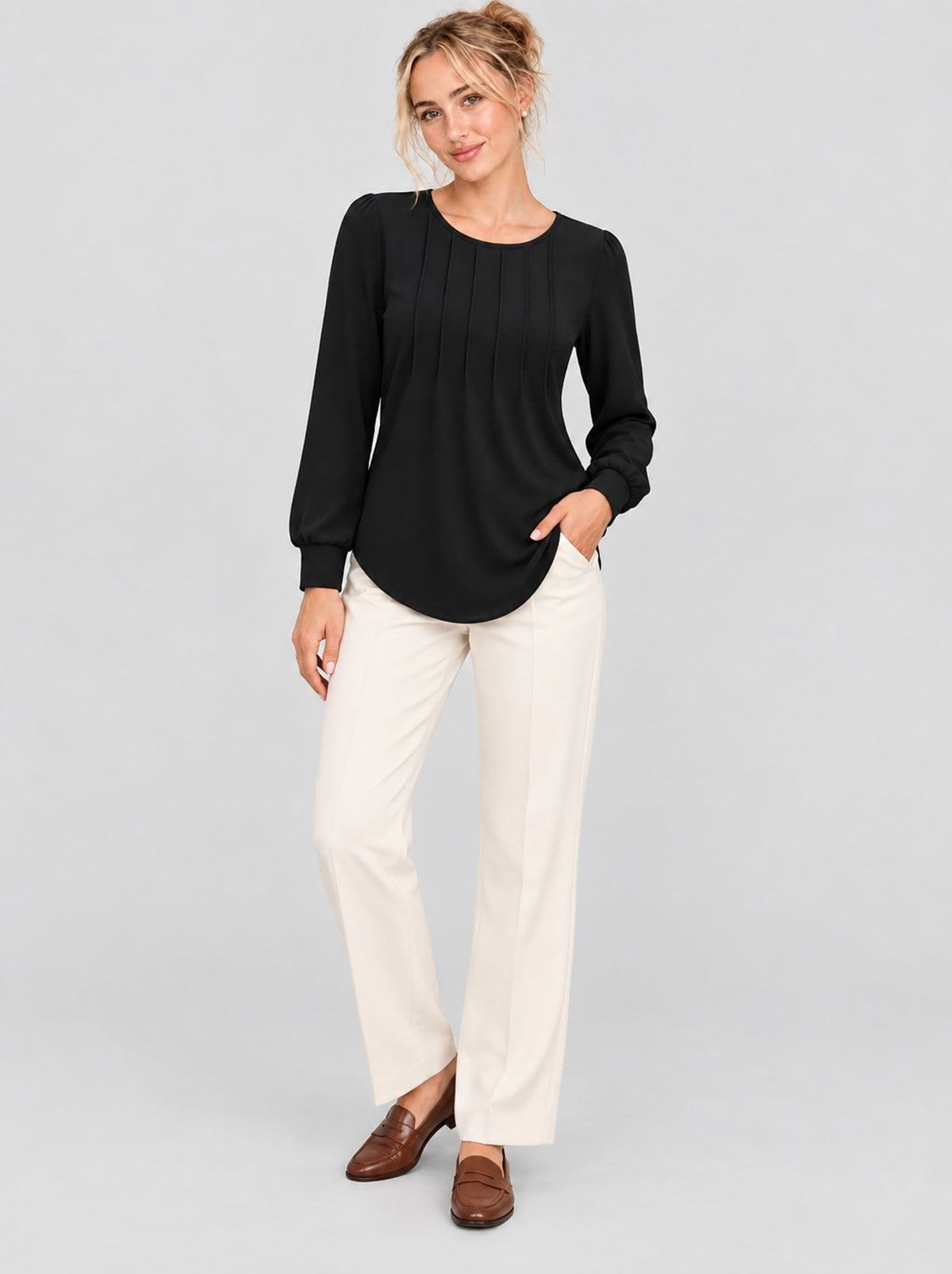 YUCOLEN Womens Pleated Puff Sleeve Crew Neck Long Sleeve Tunic Top in Black