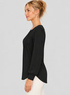 YUCOLEN Womens Pleated Puff Sleeve Crew Neck Long Sleeve Tunic Top in Black
