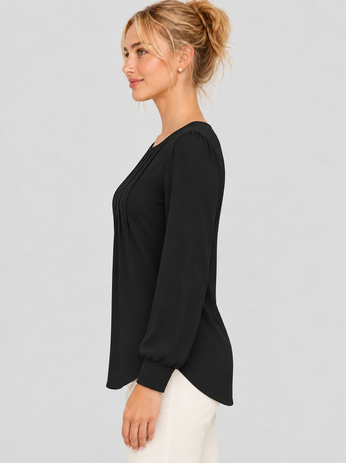 YUCOLEN Womens Pleated Puff Sleeve Crew Neck Long Sleeve Tunic Top in Black