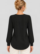YUCOLEN Womens Pleated Puff Sleeve Crew Neck Long Sleeve Tunic Top in Black