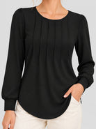 YUCOLEN Womens Pleated Puff Sleeve Crew Neck Long Sleeve Tunic Top in Black