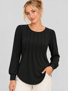 YUCOLEN Womens Pleated Puff Sleeve Crew Neck Long Sleeve Tunic Top in Black