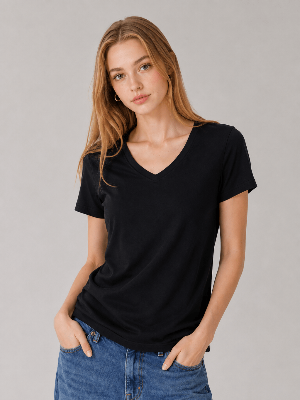 YUCOLEN Women's Premium Cotton V-Neck T-Shirt Breathable Tag-Free Short Sleeve Tee in Black