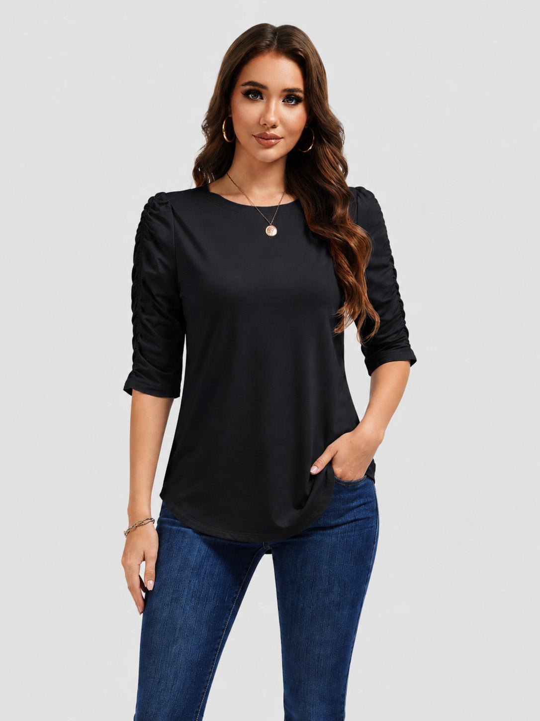 YUCOLEN Women's Puff Half Sleeve Tri-blend Top Casual Blouse in Black