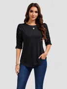 YUCOLEN Women's Puff Half Sleeve Tri-blend Top Casual Blouse in Black