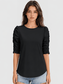 YUCOLEN Women's Puff Half Sleeve Tri-blend Top Casual Blouse in Black