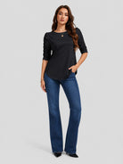 YUCOLEN Women's Puff Half Sleeve Tri-blend Top Casual Blouse in Black