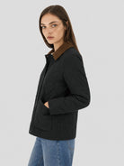 YUCOLEN Women's Quilted Jacket Retro Corduroy Collar Lightweight Padded Coat in Black