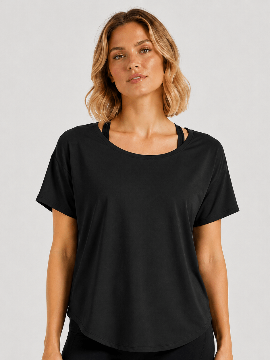 YUCOLEN Women's Reversible Workout Tee Open Back Loose Fit Athletic Shirt in Black