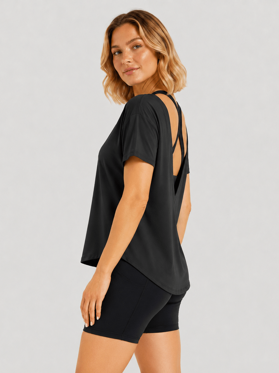 YUCOLEN Women's Reversible Workout Tee Open Back Loose Fit Athletic Shirt in Black