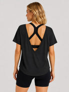 YUCOLEN Women's Reversible Workout Tee Open Back Loose Fit Athletic Shirt in Black