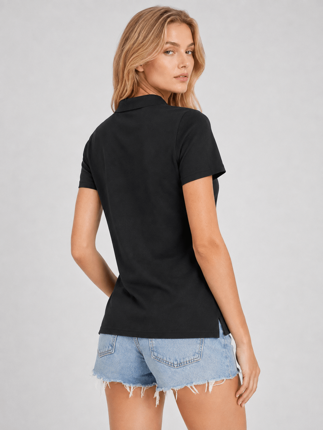 YUCOLEN Women's Short Sleeve Cotton Polo Shirt Breathable 3-Button Collared Top in Black