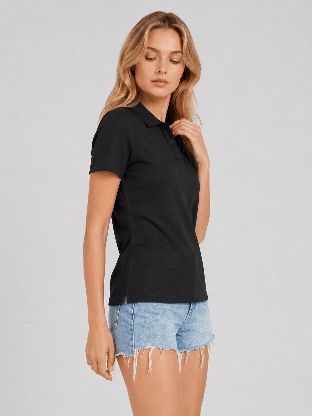 YUCOLEN Women's Short Sleeve Cotton Polo Shirt Breathable 3-Button Collared Top in Black