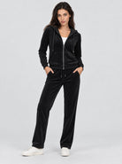 YUCOLEN Women's Soft Velour Full Zip Hooded Jacket with Pockets in Black
